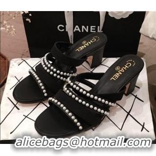 New Stylish Chanel Lambskin Pearl Straps Mule Sandals G35381 70MM Black 2020