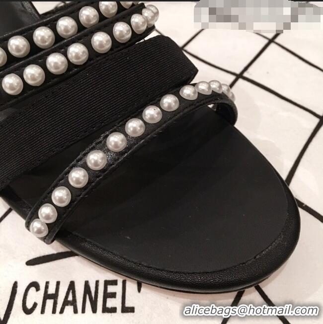 New Stylish Chanel Lambskin Pearl Straps Mule Sandals G35381 70MM Black 2020