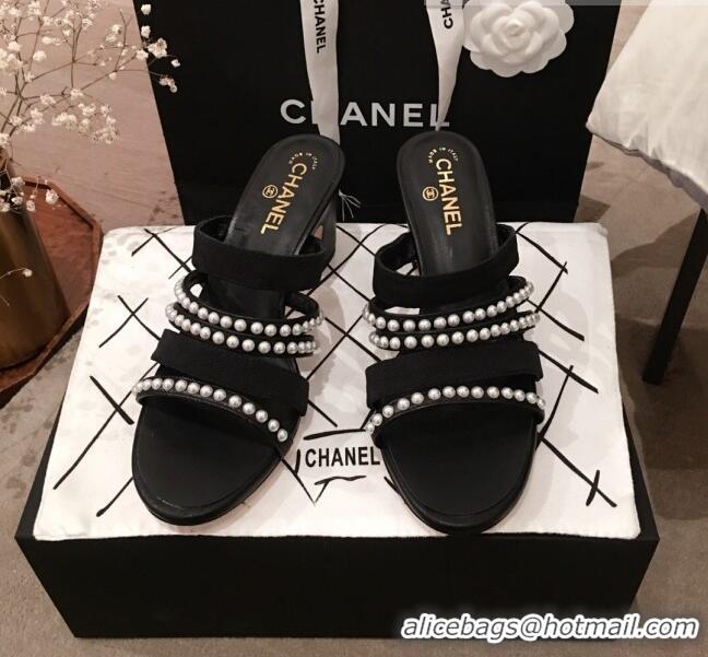 New Stylish Chanel Lambskin Pearl Straps Mule Sandals G35381 70MM Black 2020