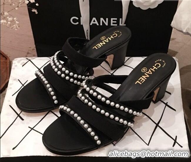 New Stylish Chanel Lambskin Pearl Straps Mule Sandals G35381 70MM Black 2020