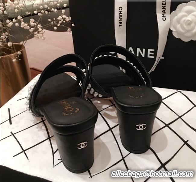 New Stylish Chanel Lambskin Pearl Straps Mule Sandals G35381 70MM Black 2020