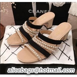 Buy Discount Chanel Lambskin Pearl Straps Mule Sandals G35381 70MM Beige 2020