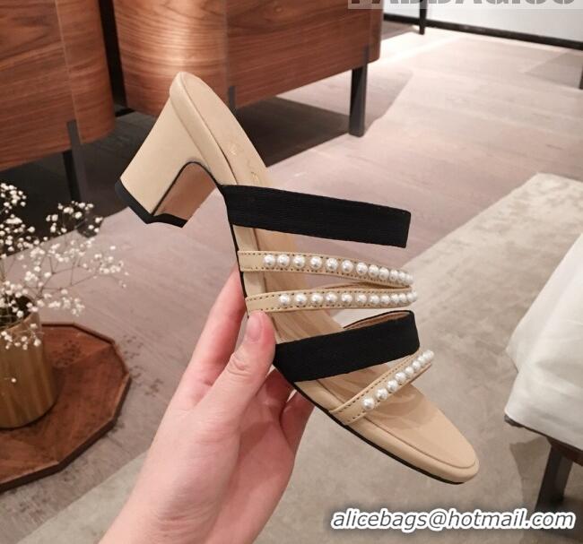 Buy Discount Chanel Lambskin Pearl Straps Mule Sandals G35381 70MM Beige 2020