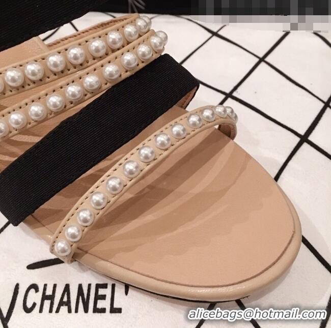 Buy Discount Chanel Lambskin Pearl Straps Mule Sandals G35381 70MM Beige 2020