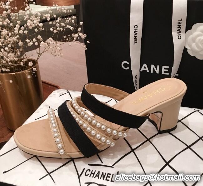 Buy Discount Chanel Lambskin Pearl Straps Mule Sandals G35381 70MM Beige 2020