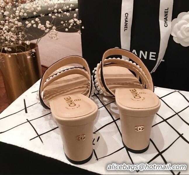 Buy Discount Chanel Lambskin Pearl Straps Mule Sandals G35381 70MM Beige 2020