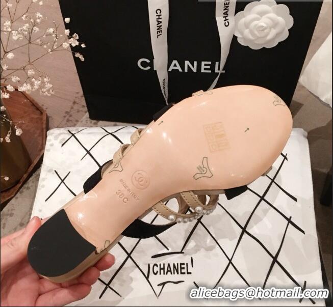 Buy Discount Chanel Lambskin Pearl Straps Mule Sandals G35381 70MM Beige 2020