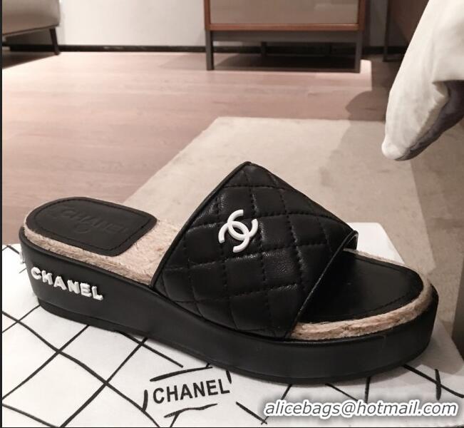 Free Shipping Chanel Quilted Leather Platform Mule Slide Sandals G62825 Black 2020