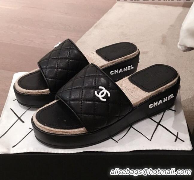 Free Shipping Chanel Quilted Leather Platform Mule Slide Sandals G62825 Black 2020