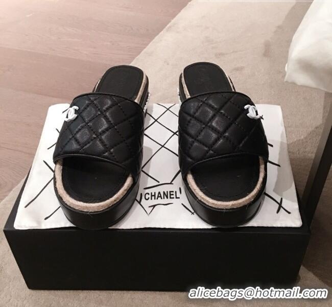 Free Shipping Chanel Quilted Leather Platform Mule Slide Sandals G62825 Black 2020