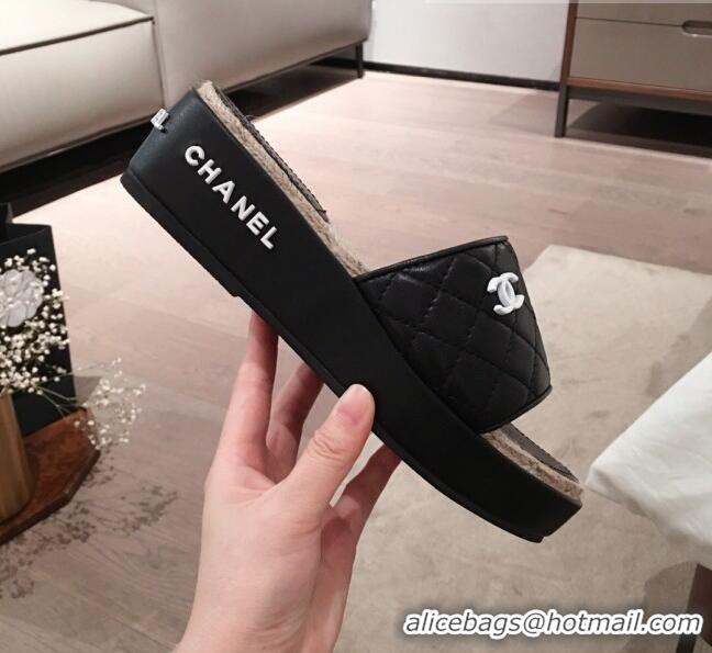 Free Shipping Chanel Quilted Leather Platform Mule Slide Sandals G62825 Black 2020