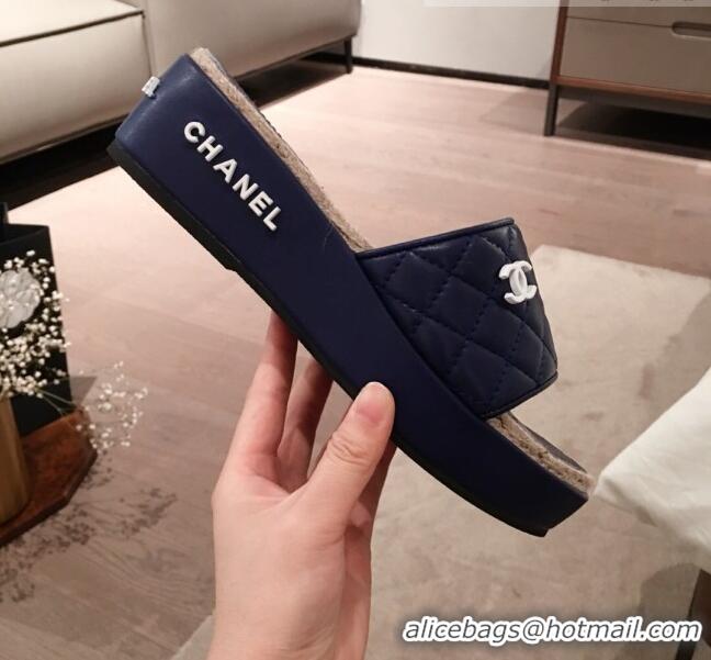 Top Quality Chanel Quilted Leather Platform Mule Slide Sandals G62825 Blue 2020