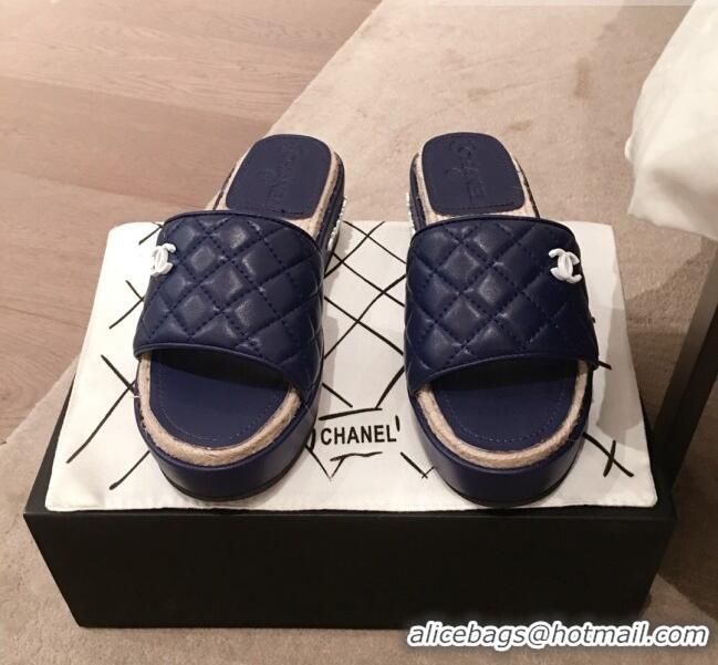 Top Quality Chanel Quilted Leather Platform Mule Slide Sandals G62825 Blue 2020