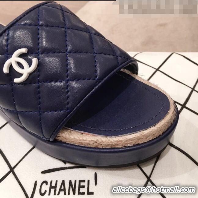 Top Quality Chanel Quilted Leather Platform Mule Slide Sandals G62825 Blue 2020