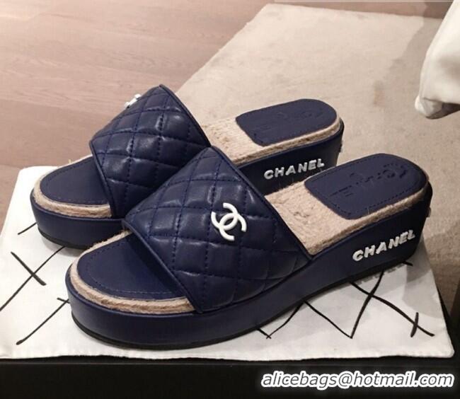 Top Quality Chanel Quilted Leather Platform Mule Slide Sandals G62825 Blue 2020