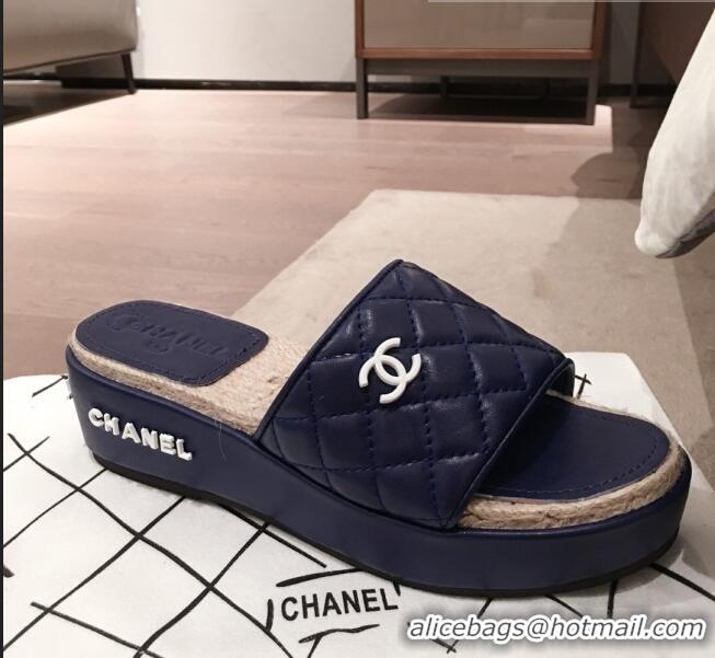 Top Quality Chanel Quilted Leather Platform Mule Slide Sandals G62825 Blue 2020