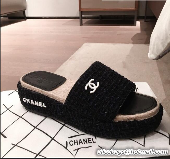 Buy Cheap Chanel Tweed Platform Mule Slide Sandals G62827 Black 2020