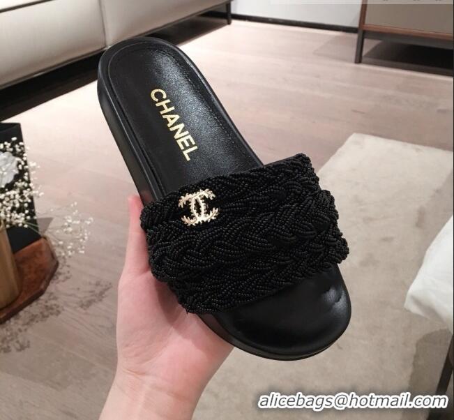 Shop Cheap Chanel Tweed Pearls Flat Mule Slide Sandals G35696 Black 2020