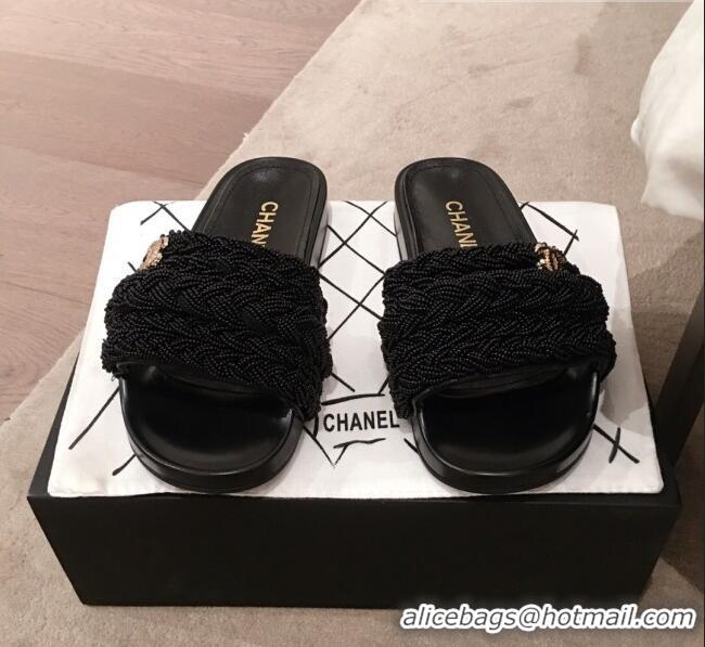 Shop Cheap Chanel Tweed Pearls Flat Mule Slide Sandals G35696 Black 2020