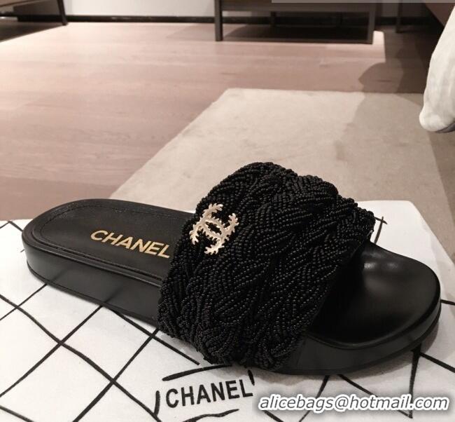 Shop Cheap Chanel Tweed Pearls Flat Mule Slide Sandals G35696 Black 2020