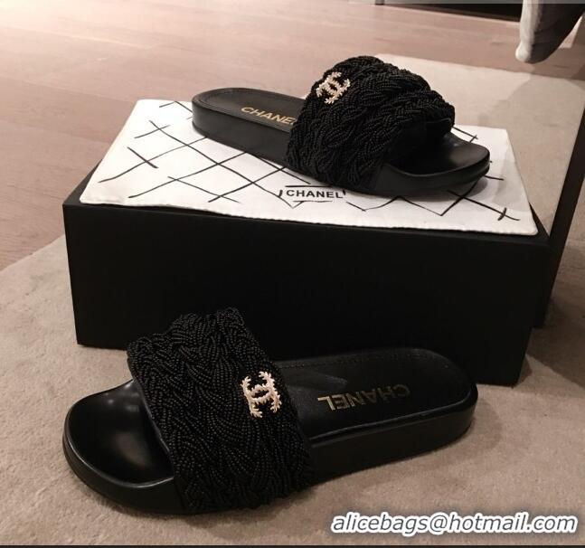 Shop Cheap Chanel Tweed Pearls Flat Mule Slide Sandals G35696 Black 2020