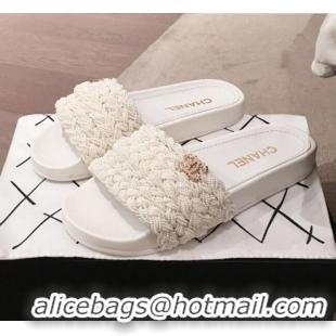 Luxury Discount Chanel Tweed Pearls Flat Mule Slide Sandals G35696 White 2020