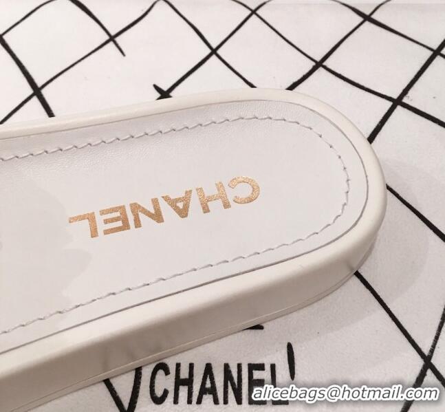 Luxury Discount Chanel Tweed Pearls Flat Mule Slide Sandals G35696 White 2020