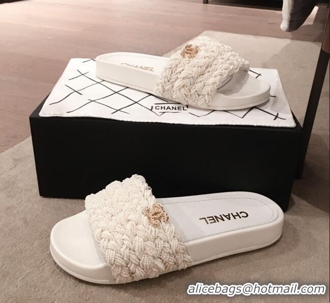 Luxury Discount Chanel Tweed Pearls Flat Mule Slide Sandals G35696 White 2020