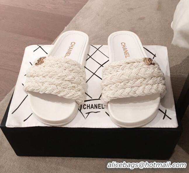 Luxury Discount Chanel Tweed Pearls Flat Mule Slide Sandals G35696 White 2020