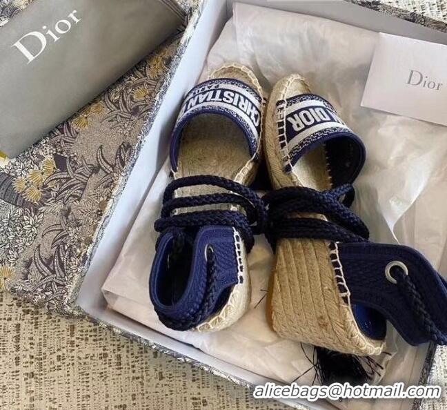 Buy Cheap Dior Embroidered Canvas Lace-up Wedge Espadrilles Sandals G62806 Blue 2020