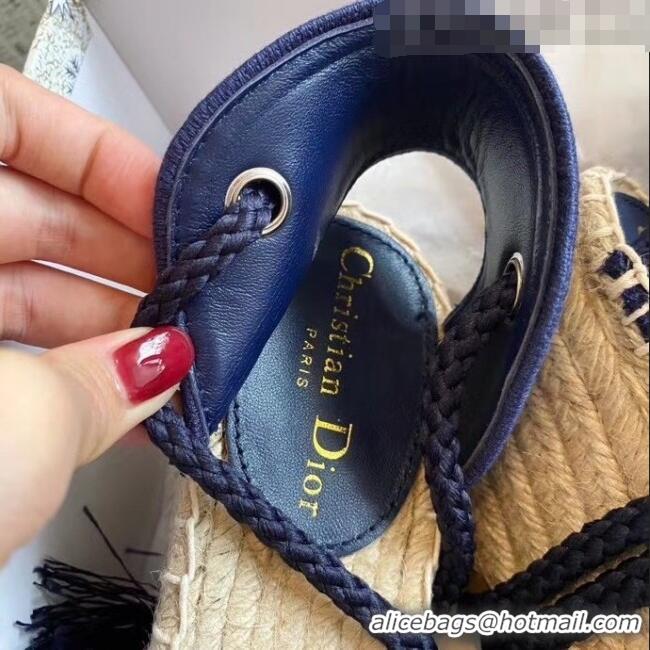 Buy Cheap Dior Embroidered Canvas Lace-up Wedge Espadrilles Sandals G62806 Blue 2020