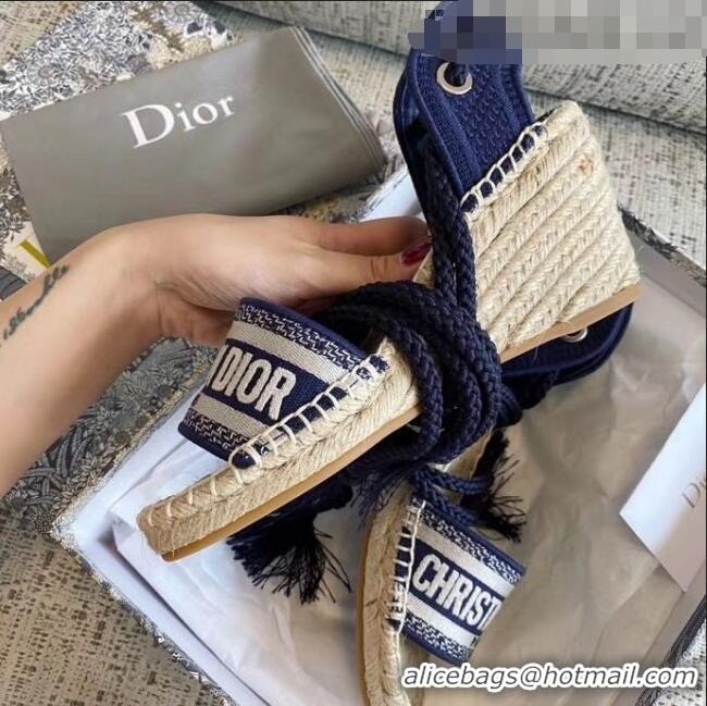 Buy Cheap Dior Embroidered Canvas Lace-up Wedge Espadrilles Sandals G62806 Blue 2020