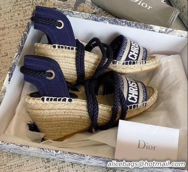 Buy Cheap Dior Embroidered Canvas Lace-up Wedge Espadrilles Sandals G62806 Blue 2020