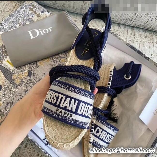 Buy Cheap Dior Embroidered Canvas Lace-up Wedge Espadrilles Sandals G62806 Blue 2020