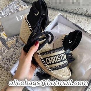 Inexpensive Dior Embroidered Canvas Lace-up Wedge Espadrilles Sandals G62806 Black 2020