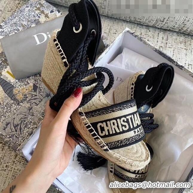 Inexpensive Dior Embroidered Canvas Lace-up Wedge Espadrilles Sandals G62806 Black 2020