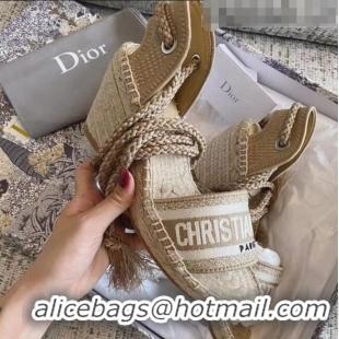 New Product Dior Embroidered Canvas Lace-up Wedge Espadrilles Sandals G62806 Beige 2020