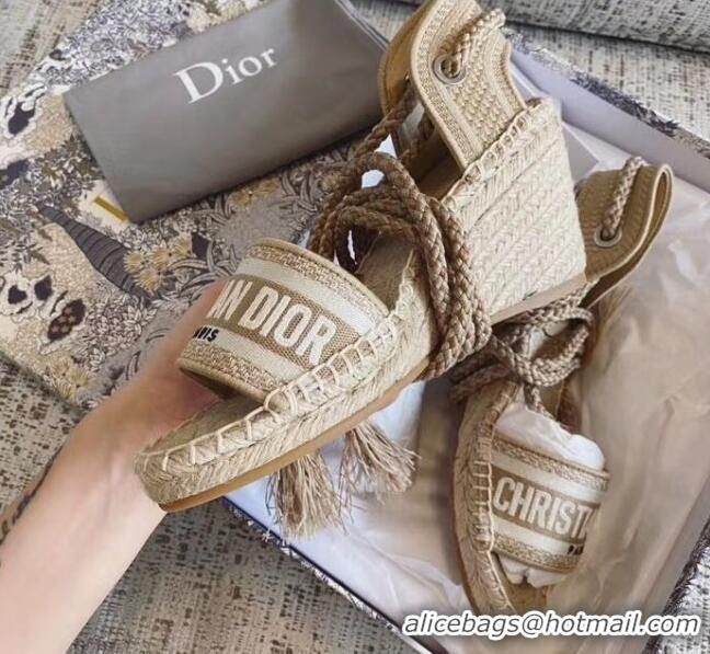 New Product Dior Embroidered Canvas Lace-up Wedge Espadrilles Sandals G62806 Beige 2020