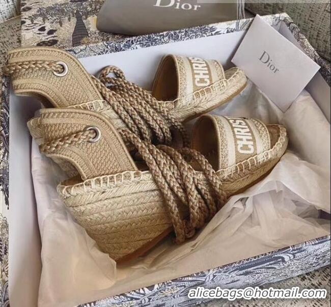 New Product Dior Embroidered Canvas Lace-up Wedge Espadrilles Sandals G62806 Beige 2020