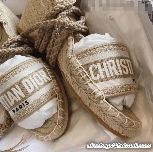 New Product Dior Embroidered Canvas Lace-up Wedge Espadrilles Sandals G62806 Beige 2020