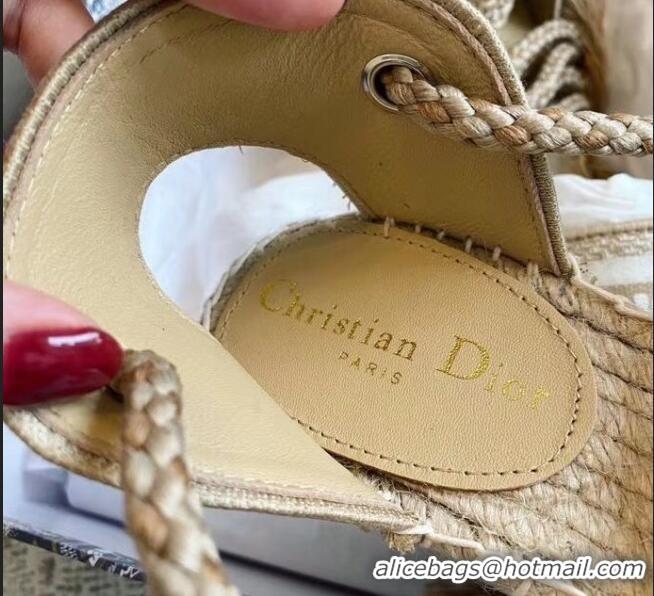 New Product Dior Embroidered Canvas Lace-up Wedge Espadrilles Sandals G62806 Beige 2020