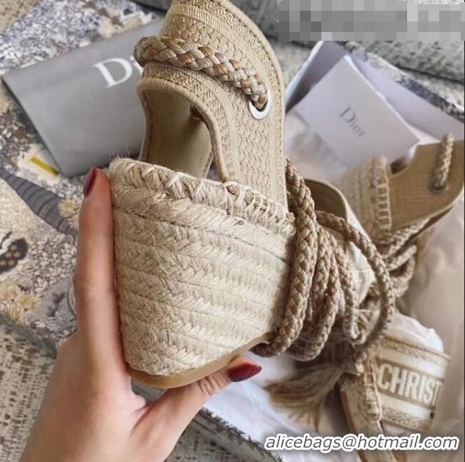 New Product Dior Embroidered Canvas Lace-up Wedge Espadrilles Sandals G62806 Beige 2020