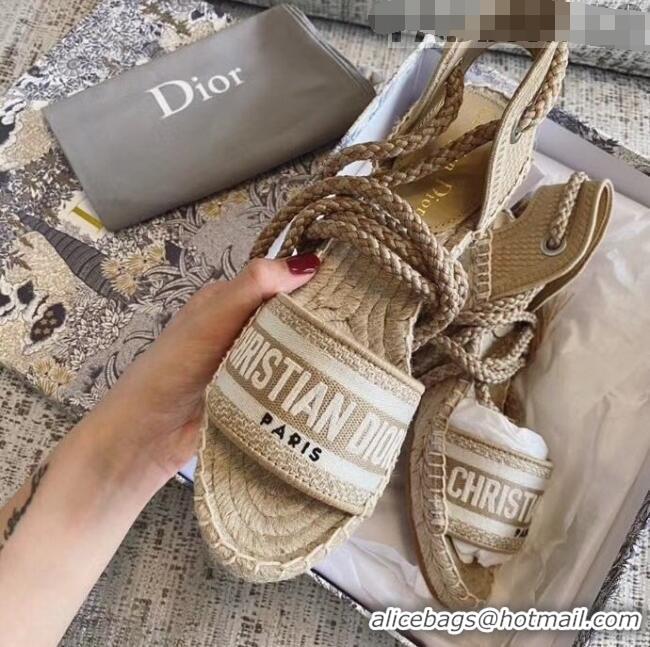 New Product Dior Embroidered Canvas Lace-up Wedge Espadrilles Sandals G62806 Beige 2020