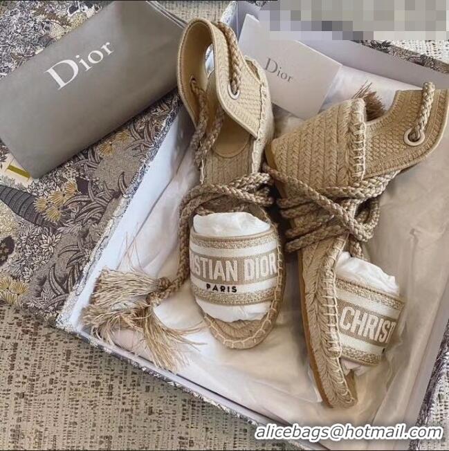 New Product Dior Embroidered Canvas Lace-up Wedge Espadrilles Sandals G62806 Beige 2020