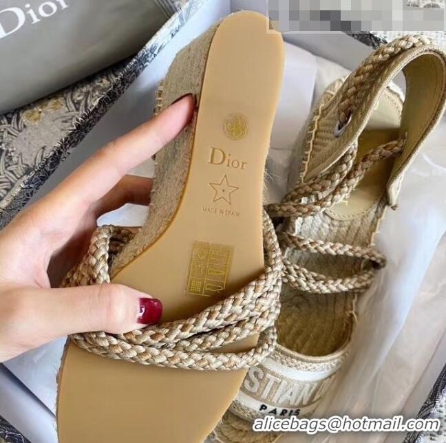 New Product Dior Embroidered Canvas Lace-up Wedge Espadrilles Sandals G62806 Beige 2020