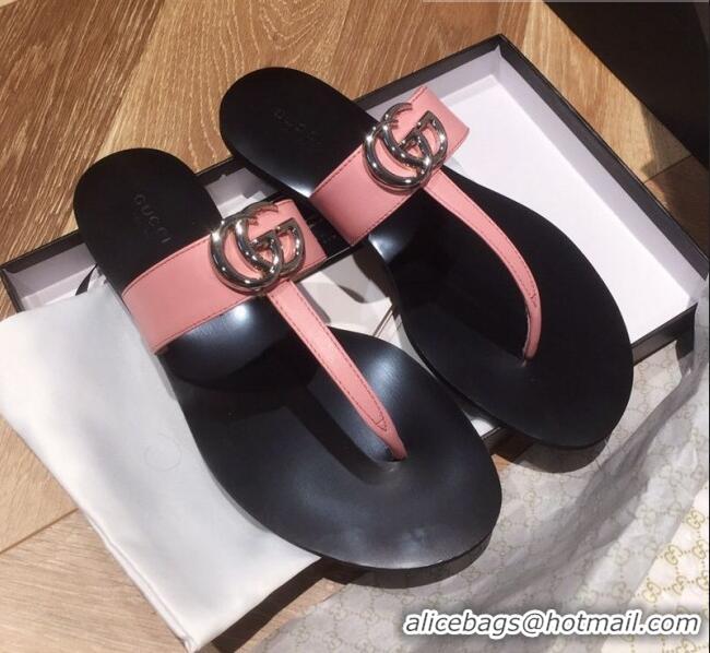 Buy Classic Gucci Leather Thong Sandal with Double G G62437 Pink 2020