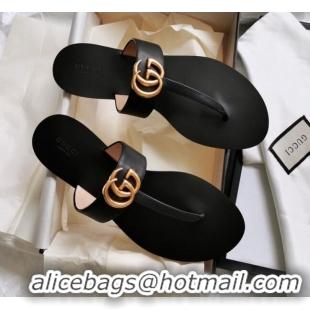 Elegant Gucci Leather Thong Sandal with Double G G62437 Black 2020