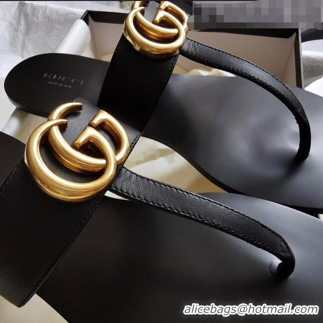 Elegant Gucci Leather Thong Sandal with Double G G62437 Black 2020