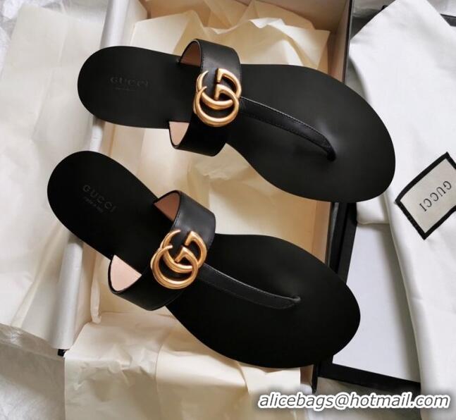 Elegant Gucci Leather Thong Sandal with Double G G62437 Black 2020