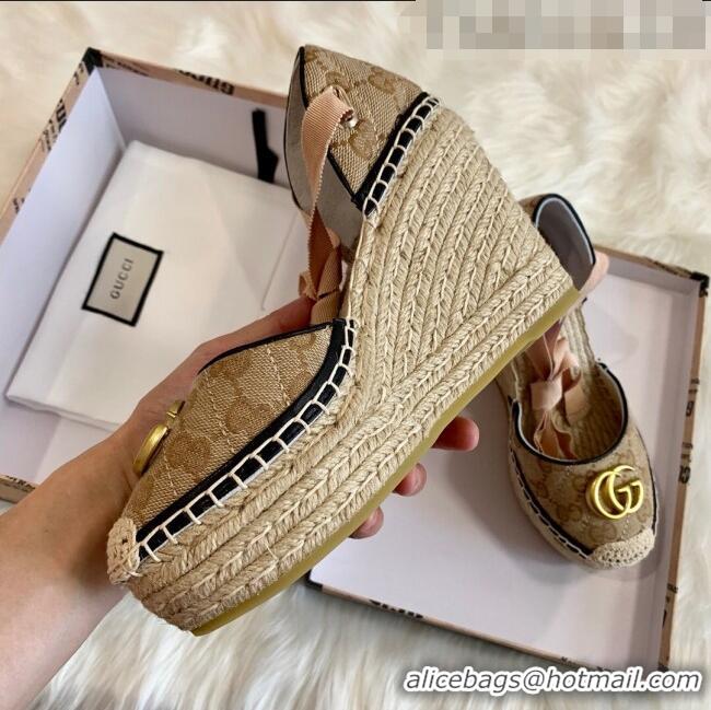 Discount Gucci GG Canvas Lace-up Platform Espadrilles 621240 Beige/Black 2020